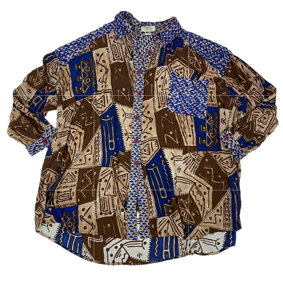 Audrey Jones wild vintage tribal print beaded button down top. 2X - Picture 1 of 8